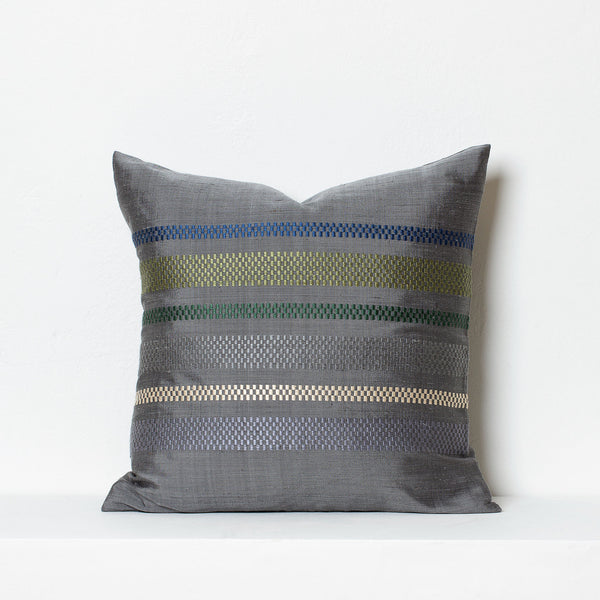 Handwoven silk cushion in Midnight blue with Laotian checkered stripes in blue, green and beige hues.