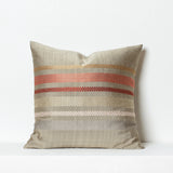Handwoven silk cushion in hemp color with Laotian checkered stripes in beige and brick red hues