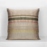 Handwoven silk cushion in hemp color with Laotian checkered stripes in beige, yellow, green and coral hues