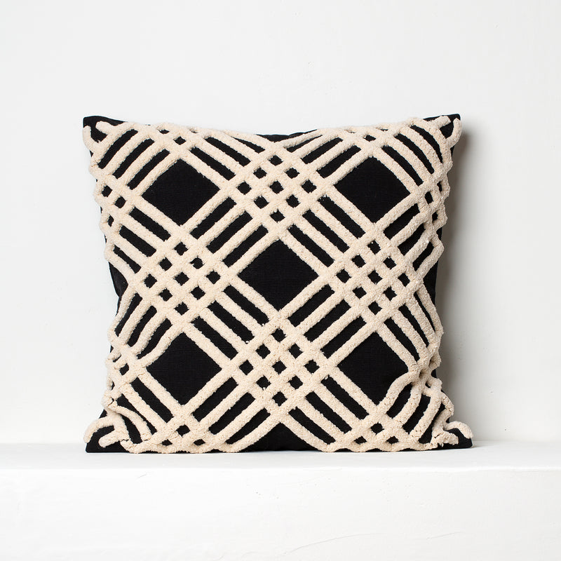 Chenille tufted cushion in black and beige 60cm x 60cm 24in x 24in 