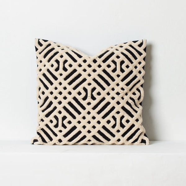 Chenille tufted cushion in black and beige 50cm x 50cm 20in x 20in