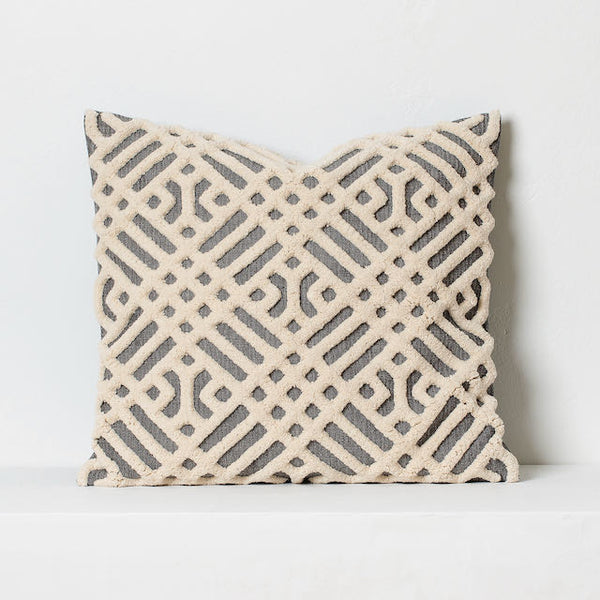 Chenille tufted cushion in grey and beige 50cm x 50cm 20in x 20in
