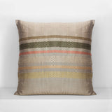 Handwoven silk cushion in hemp color with Laotian checkered stripes in beige, yellow, green and coral hues