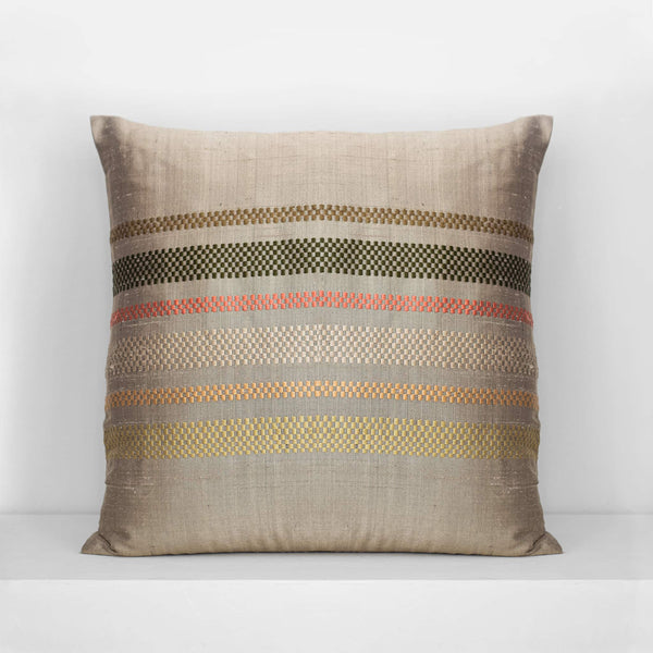 Handwoven silk cushion in hemp color with Laotian checkered stripes in beige, yellow, green and coral hues