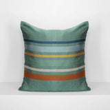 Handwoven silk cushion in petrol with Laotian checkered stripes in blue, green, orange, yellow and beige hues