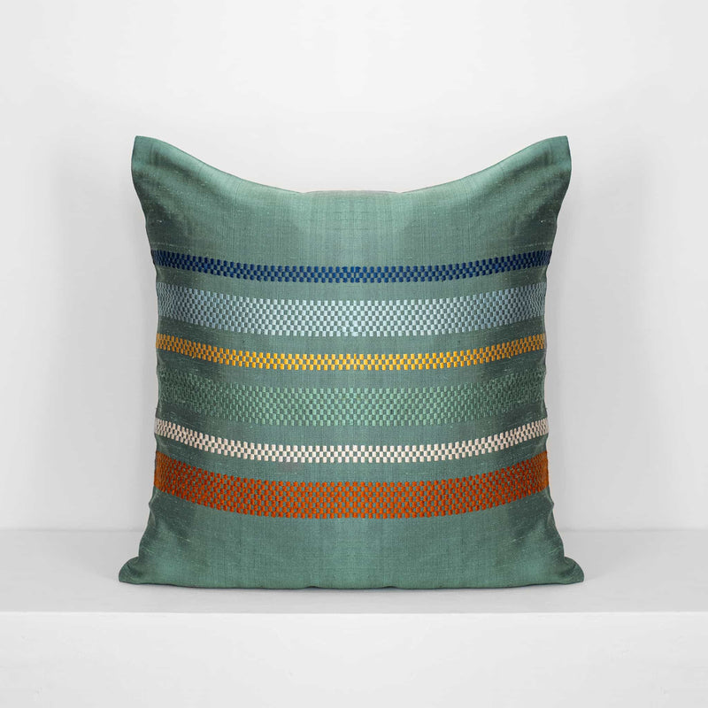 Handwoven silk cushion in petrol with Laotian checkered stripes in blue, green, orange, yellow and beige hues