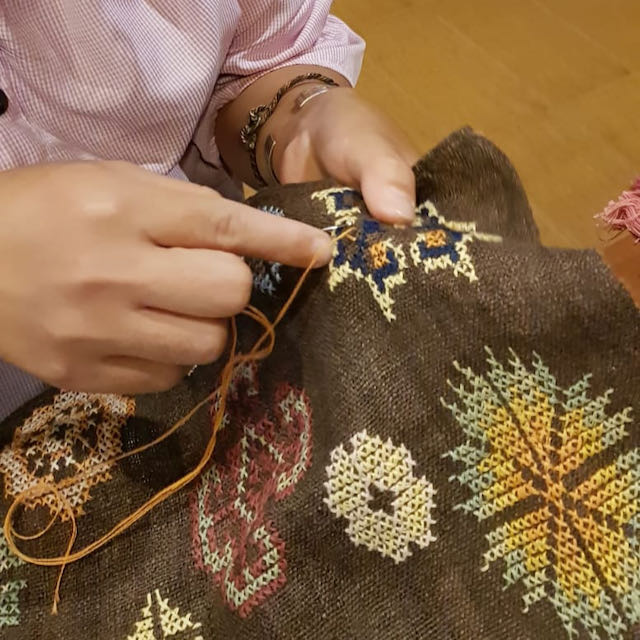 Small Hmong Cross-stitch Cushion- Taupe